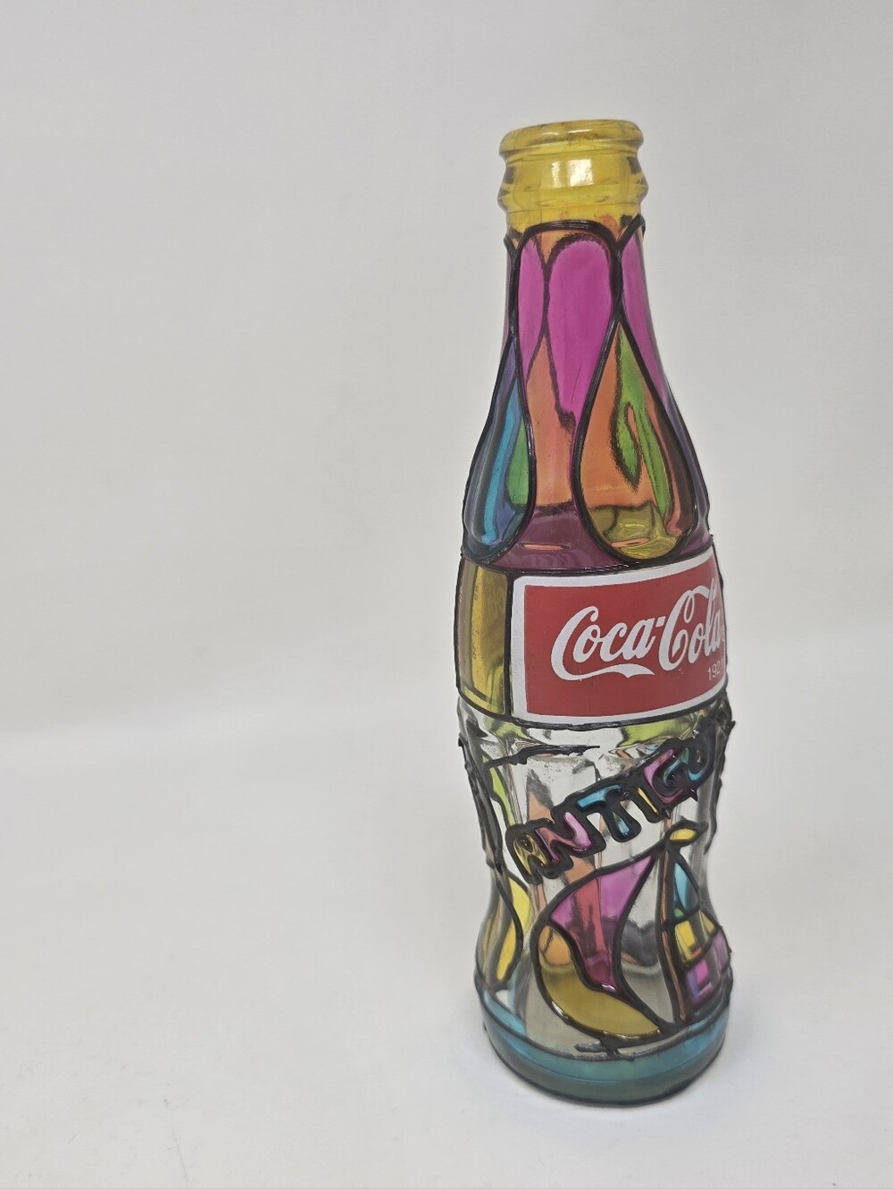 Stained Glass Coca Cola Glass Bottle Coke Antigua Rare 8" Vintage 90s